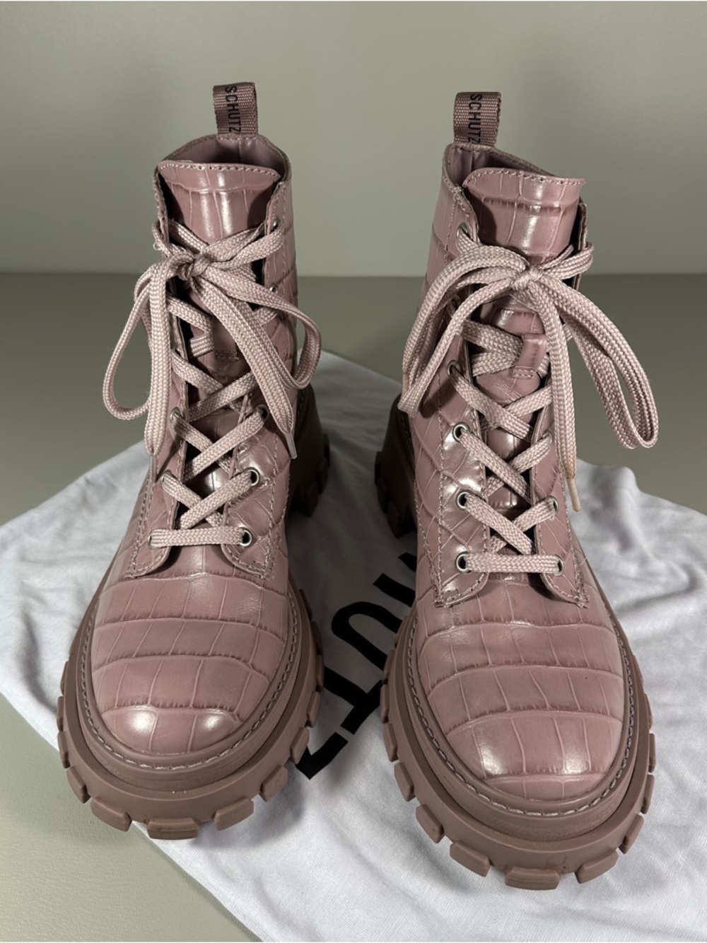 Schutz Orly Croc Print Lug Sole Lilac Combat Shiny Leather Boots - Picture 4 of 10